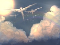 a painting of angels flying in the clouds